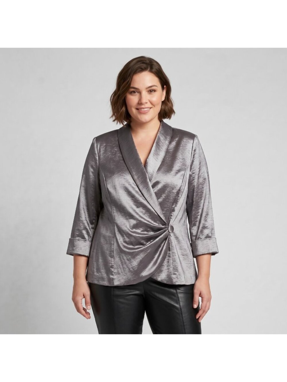 Tradition Women's Metallic Lustre Gray Shimmer Wrap Jacket Blazer in size 18